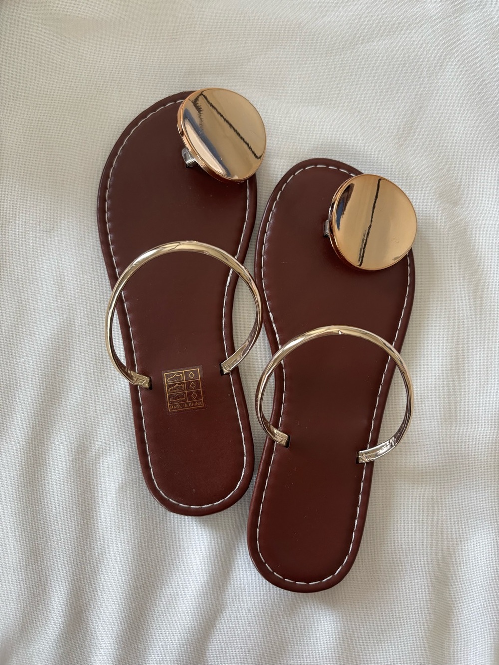 SHEIN Brown Slide Sandals with Gold Ring Detail